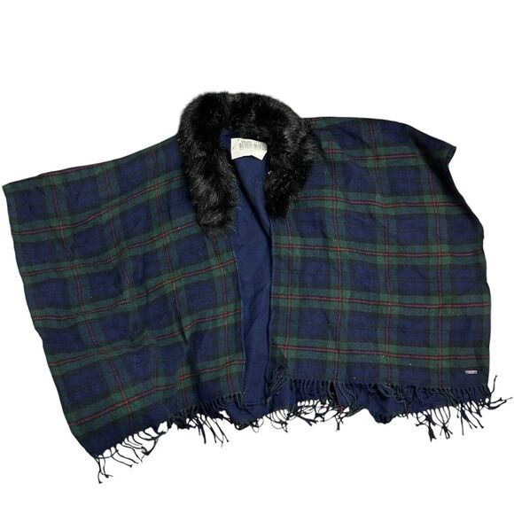 Ralph Lauren Shawl OS Green Tartan Plaid Reversable Ruana Blue Fax Fur Collar - Picture 2 of 12